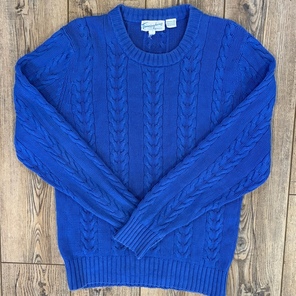 Vintage 90s Trimmingham’s Bermuda Men’s Cable Knit Cotton Sweater Blue S